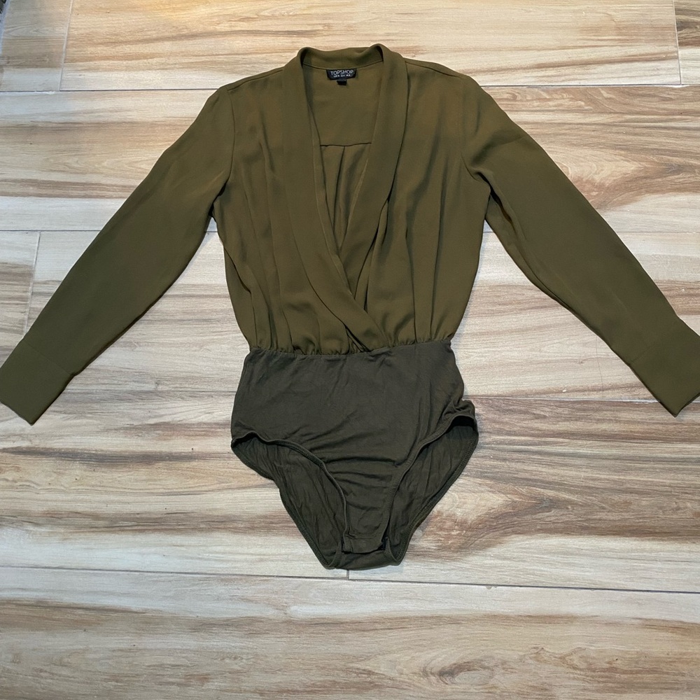 Topshop Olive Green Low Cut Bodysuit Long Sleeve Blouse